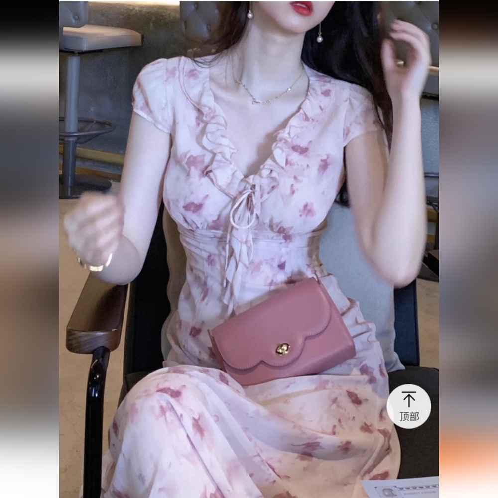 blush pink floral print ruffle midi over the knee dress. v neck. NEW